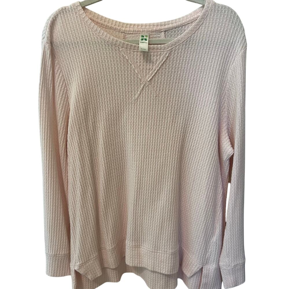 Green Tea Pale Blush Pink Waffle Knit Long Sleeve Shirt Women's XL Soft Cozy